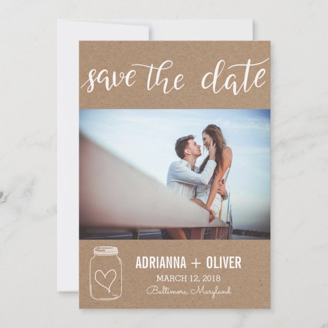 Rustic Heart Mason Jar Save The Date Couple Photo (Front)