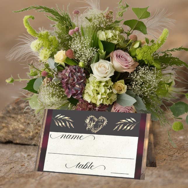 Rustic Heart & Monogram - Burgundy Place Card (Creator Uploaded)