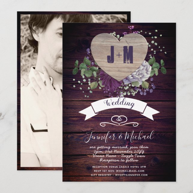 Rustic Heart PHOTO Wedding Invite Purple Wood (Front/Back)