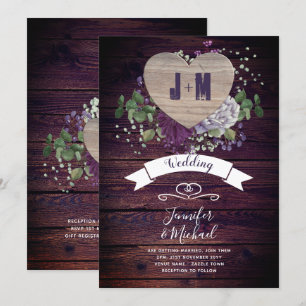 Rustic Heart Purple Flowers Wedding Invitation