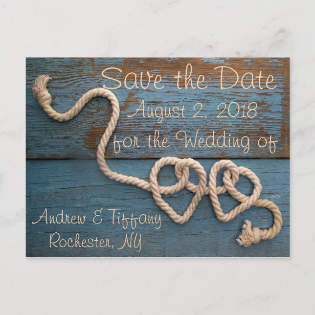 Rustic Heart Rope Wedding Save the Date Announcement Postcard (Front)