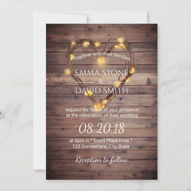 Rustic Heart String Lights Country Barn Wedding Invitation (Front)