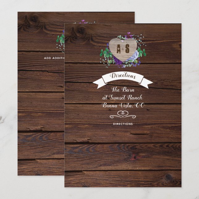Rustic Heart Wedding Directions Watercolor Flowers Invitation (Front/Back)