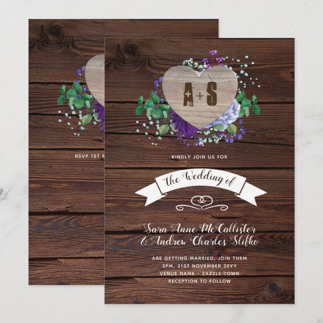 Rustic Heart Wedding Invitation Blue SV (Front/Back)