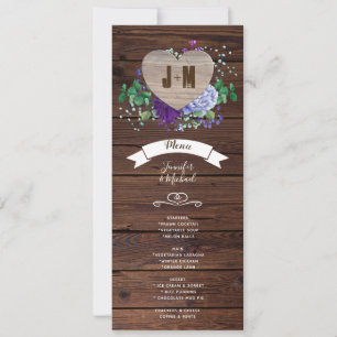 Rustic Heart Wedding Menu Blue Watercolor Flowers Invitation