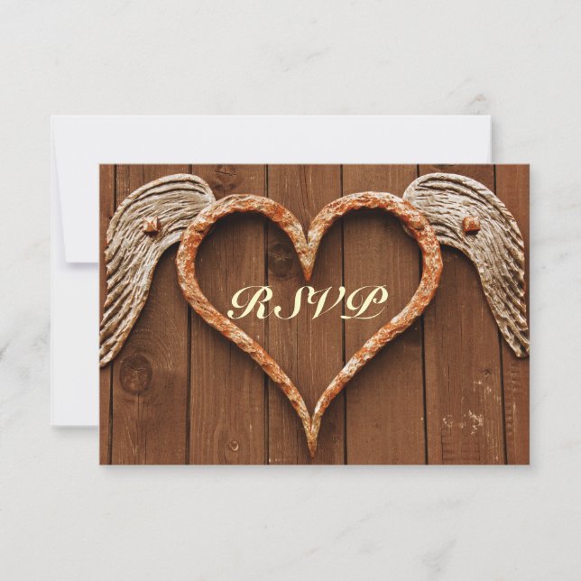 Rustic Heart with Wings Wood Wedding RSVP Cards (Front)