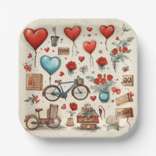 Rustic Hearts Sketch Red And Cream Paper Plate