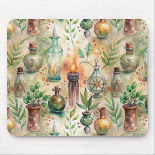Rustic Herbalist Bottles Green Brown Mouse Mat