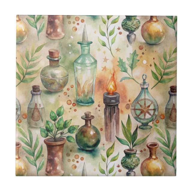 Rustic Herbalist Bottles Green Brown Tile (Front)