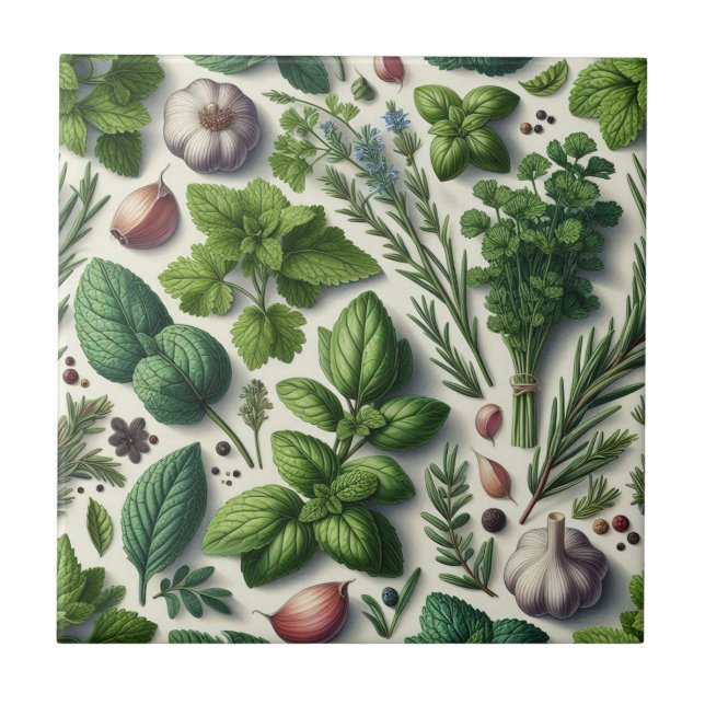 Rustic Herbs Farmhouse Kitchen Decor Ceramic Tile (Front)