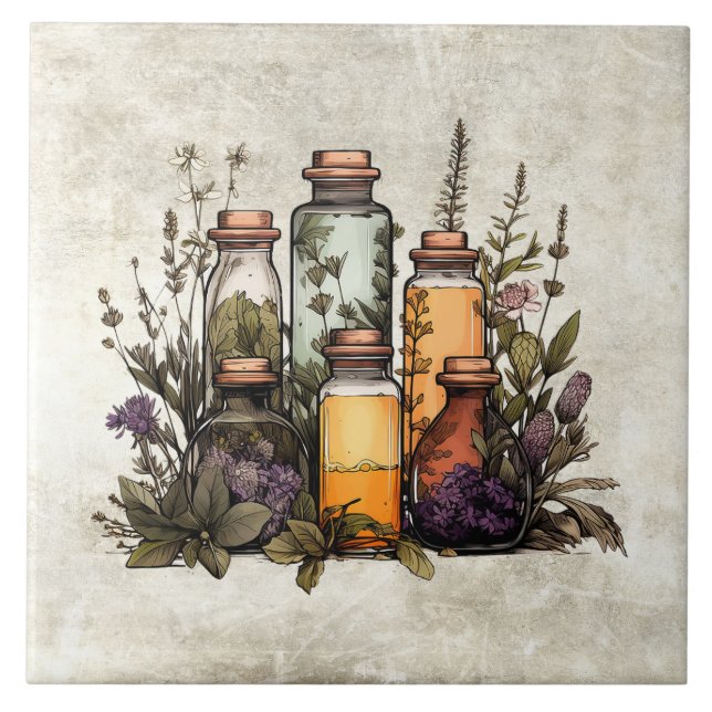 Rustic Herbs & Spices in Bottles Watercolors Tile (Front)
