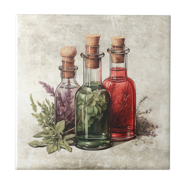 Rustic Herbs Vintage Bottles Cottage Ceramic Tile (Front)