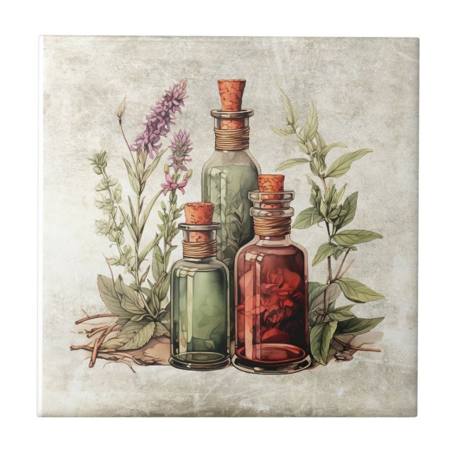 Rustic Herbs Vintage Bottles Cottage Ceramic Tile (Front)