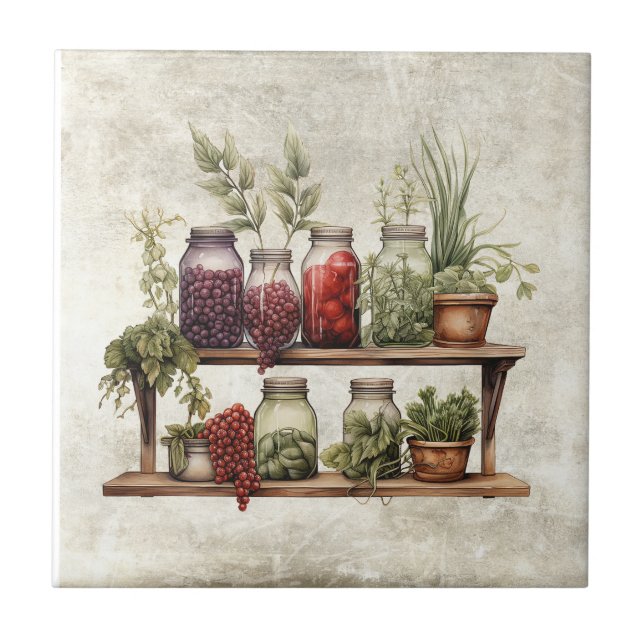 Rustic Herbs Vintage Bottles Jars Cottage Ceramic Tile (Front)
