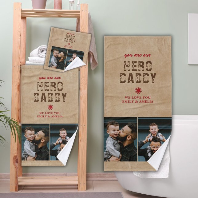 Rustic Hero Daddy Father`s Day 2 Photo Collage Bath Towel Set (Creator Uploaded)