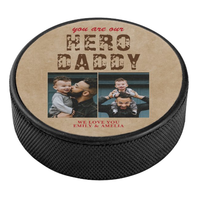 Rustic Hero Daddy Father`s Day 2 Photo Collage Hockey Puck (3/4)
