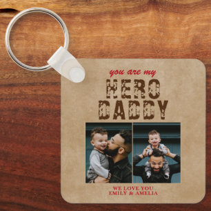 Rustic Hero Daddy Father`s Day 2 Photo Collage Key Key Ring