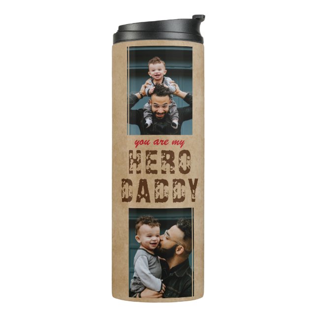 Rustic Hero Daddy Father`s Day 2 Photo Collage Thermal Tumbler (Rotated Left)