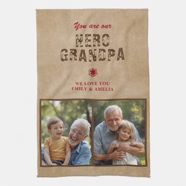 Rustic Hero Grandpa Father`s Day 2 Photo Collage Tea Towel (Vertical)