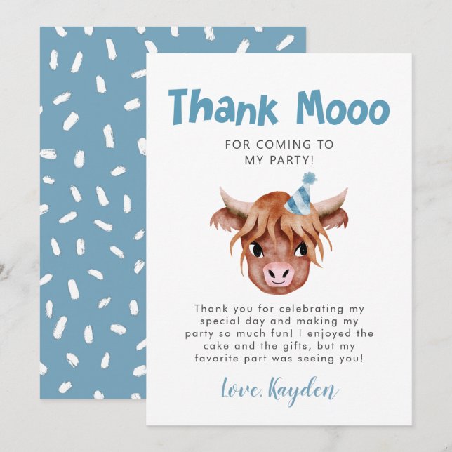 Rustic Highland Cow Boys Birthday  Thank You Card (Front/Back)