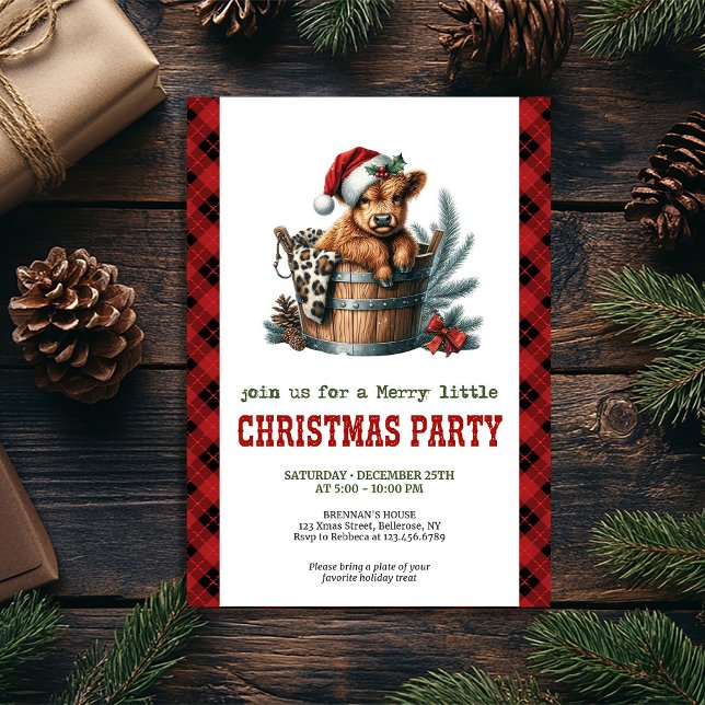 Rustic highland cow Christmas party invitation (Rustic watercolor Highland cow Christmas invite, fully editable for your event.)
