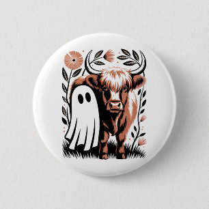Rustic Highland Cow Ghost Halloween 6 Cm Round Badge