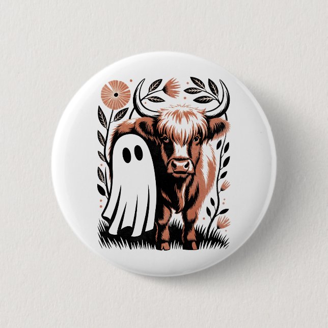 Rustic Highland Cow Ghost Halloween 6 Cm Round Badge (Front)