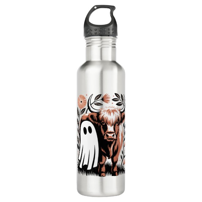 Rustic Highland Cow Ghost Halloween 710 Ml Water Bottle (Front)
