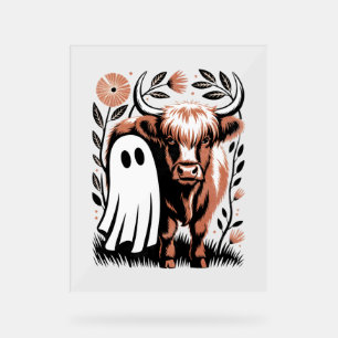 Rustic Highland Cow Ghost Halloween Acrylic Sign