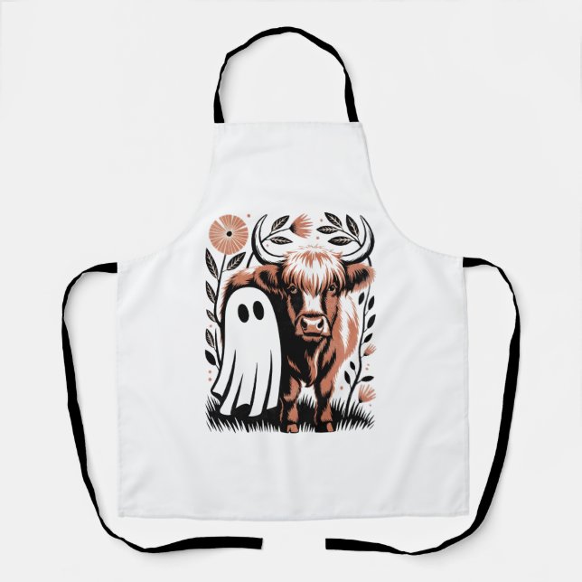 Rustic Highland Cow Ghost Halloween Apron (Front)