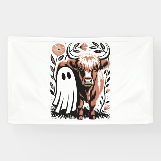 Rustic Highland Cow Ghost Halloween Banner (Horizontal)