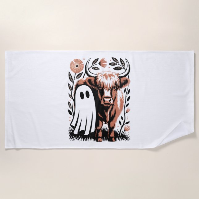 Rustic Highland Cow Ghost Halloween Beach Towel (Front)