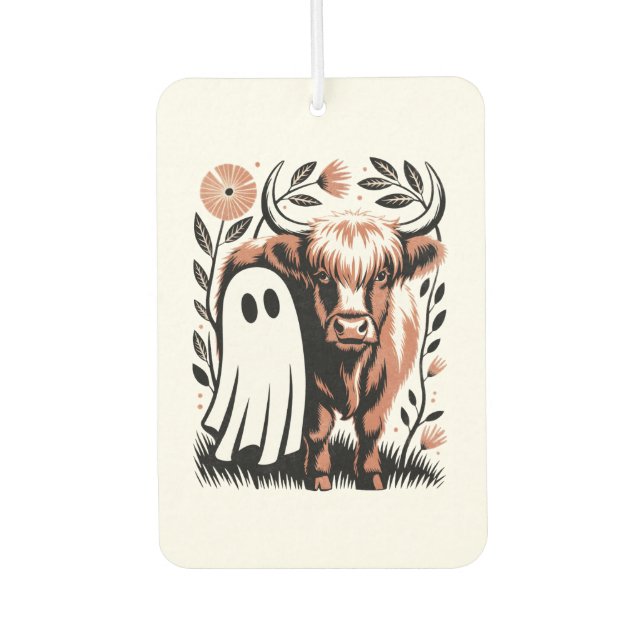 Rustic Highland Cow Ghost Halloween Car Air Freshener (Front)