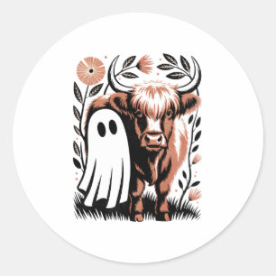Rustic Highland Cow Ghost Halloween Classic Round Sticker