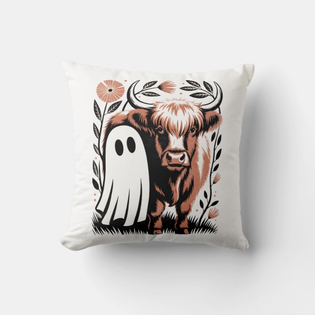Rustic Highland Cow Ghost Halloween Cushion (Front)