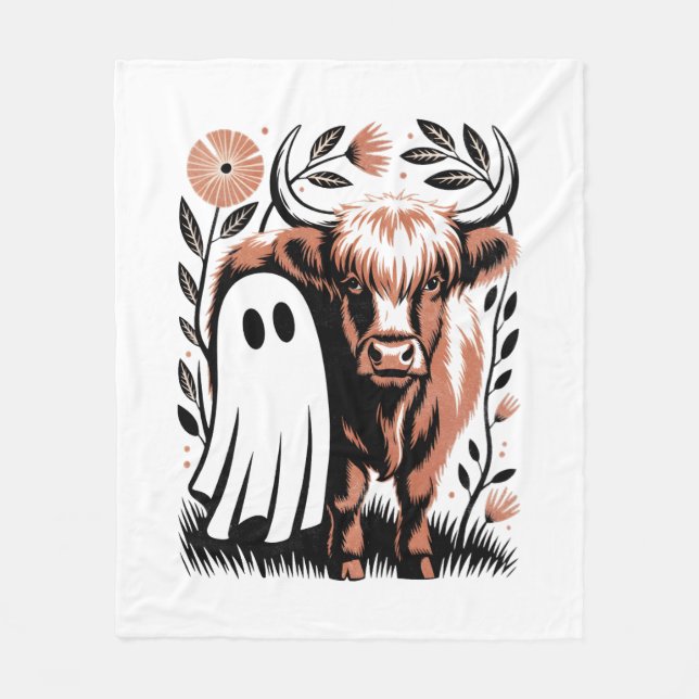 Rustic Highland Cow Ghost Halloween Fleece Blanket (Front)