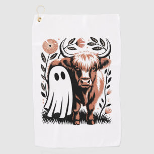 Rustic Highland Cow Ghost Halloween Golf Towel