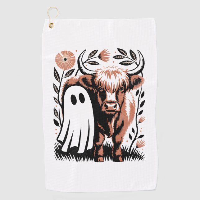 Rustic Highland Cow Ghost Halloween Golf Towel (Front)