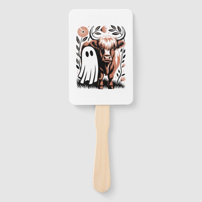 Rustic Highland Cow Ghost Halloween Hand Fan (Front)