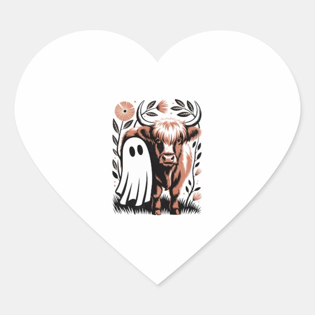 Rustic Highland Cow Ghost Halloween Heart Sticker (Front)