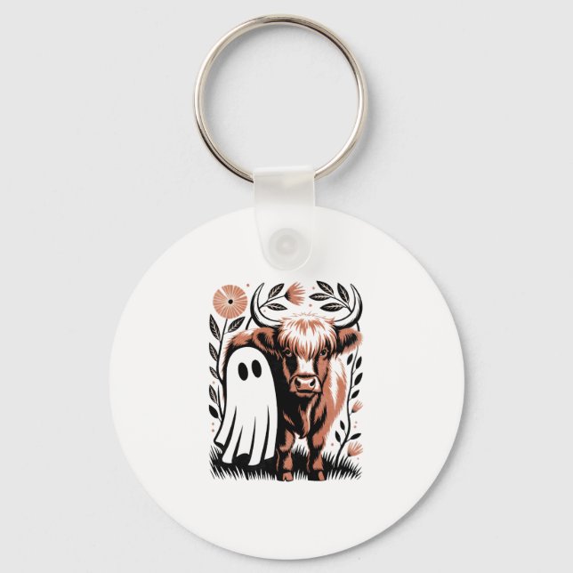 Rustic Highland Cow Ghost Halloween Key Ring (Front)
