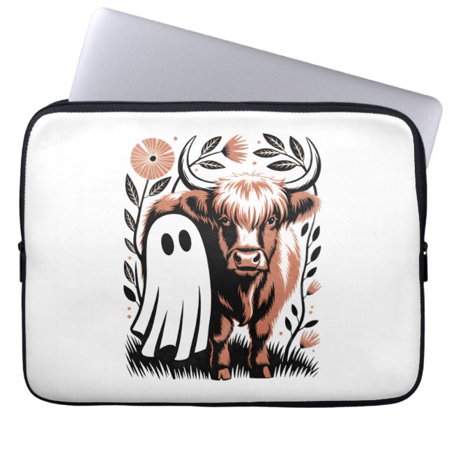Rustic Highland Cow Ghost Halloween Laptop Sleeve (Front)