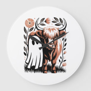 Rustic Highland Cow Ghost Halloween Large Clock