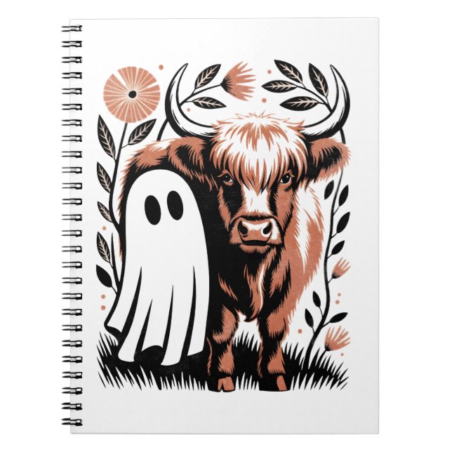 Rustic Highland Cow Ghost Halloween Notebook (Front)