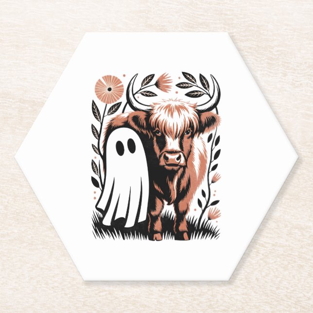 Rustic Highland Cow Ghost Halloween Paper Coaster (Front)