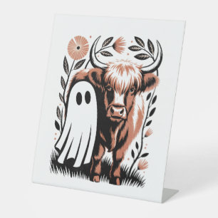 Rustic Highland Cow Ghost Halloween Pedestal Sign