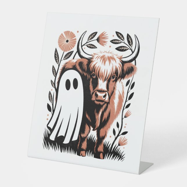 Rustic Highland Cow Ghost Halloween Pedestal Sign (Front)