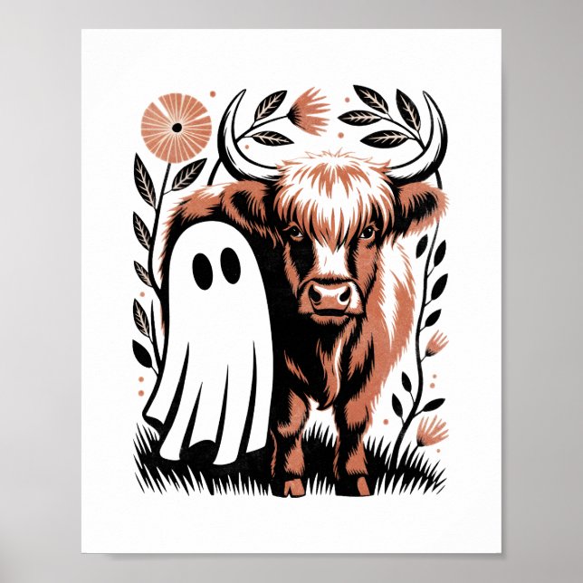 Rustic Highland Cow Ghost Halloween Poster (Front)