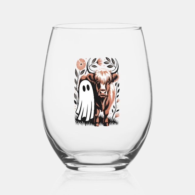 Rustic Highland Cow Ghost Halloween Stemless Wine Glass (Front)