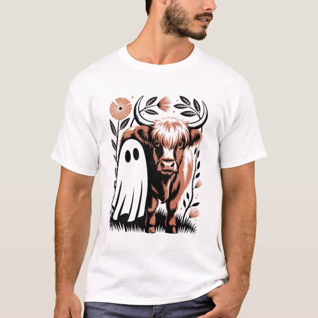 Rustic Highland Cow Ghost Halloween T-Shirt (Front)